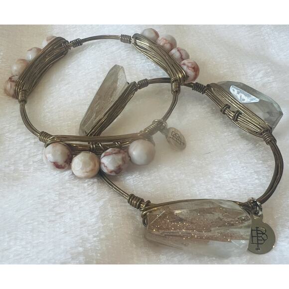 2 Bourbon & Bowties Gold Stone Bangle Bracelet Quartz Jasper Boho Wire Wrapped - Picture 10 of 13